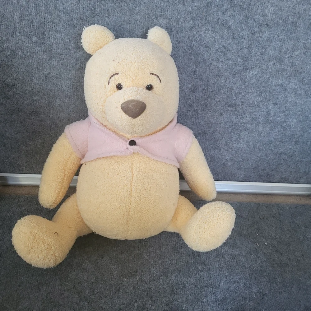 Winnie The Pooh Push Bear Toy with Pink Shirt. Vintage Disney Store Jointed